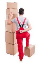 Full body of mover man from behind making fake swear gesture