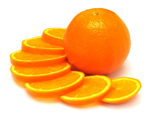Naklejka na ściany i meble Whole orange fruit and his segments or cantles isolated on white background cutout