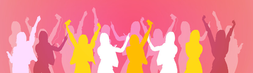 Silhouette Woman Group Dancing Night Club Light Flat Vector Illustration