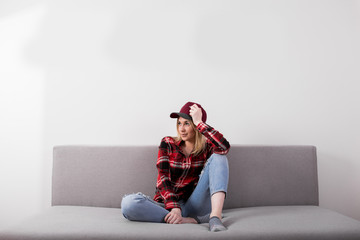girl at home, rest room, beautiful girl at home, beautiful interior, minimalist home