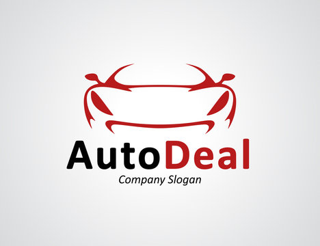 Auto car dealership logo design with front of original concept red sports vehicle silhouette icon on light grey background. Vector illustration.