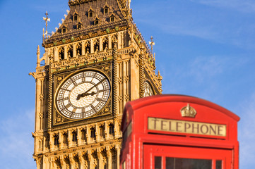 Red telephone box and Big Ben,  London, UK