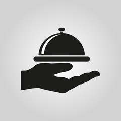 Tray in hand icon. Restaurant, service, banquet, lunch symbol. Flat design. Stock - Vector illustration