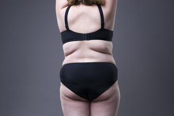 Plus size model in black lingerie, overweight female body, fat woman with cellulitis on buttocks on...