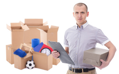 post delivery service man and cardboard boxes isolated on white