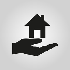 Fototapeta na wymiar House in hand icon. Realty, realtor, rental housing symbol. Flat design. Stock - Vector illustration