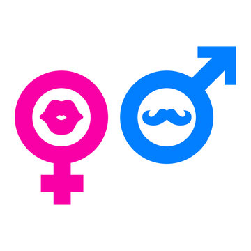 Icono plano femenino labios y masculino bigote en fondo blanco