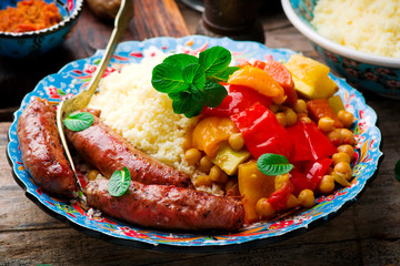 Couscous and Merguez Sausages.selective focus