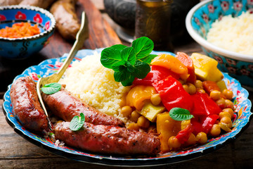 Couscous and Merguez Sausages.selective focus