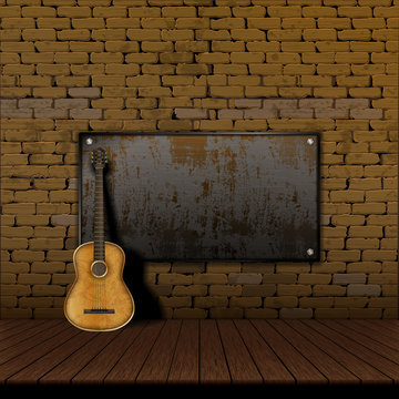 acoustic guitar brick wall Iron Shield frame © drstokvektor