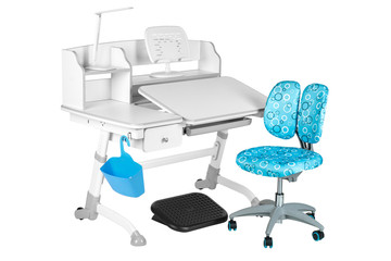 Blue chair, gray school desk, blue basket, desk lamp and black support under legs