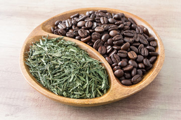 Coffee beans and green tea
