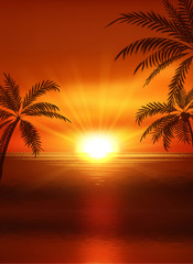Obraz na płótnie Canvas illustration of sunset view in beach with palm tree. Tropical landscape
