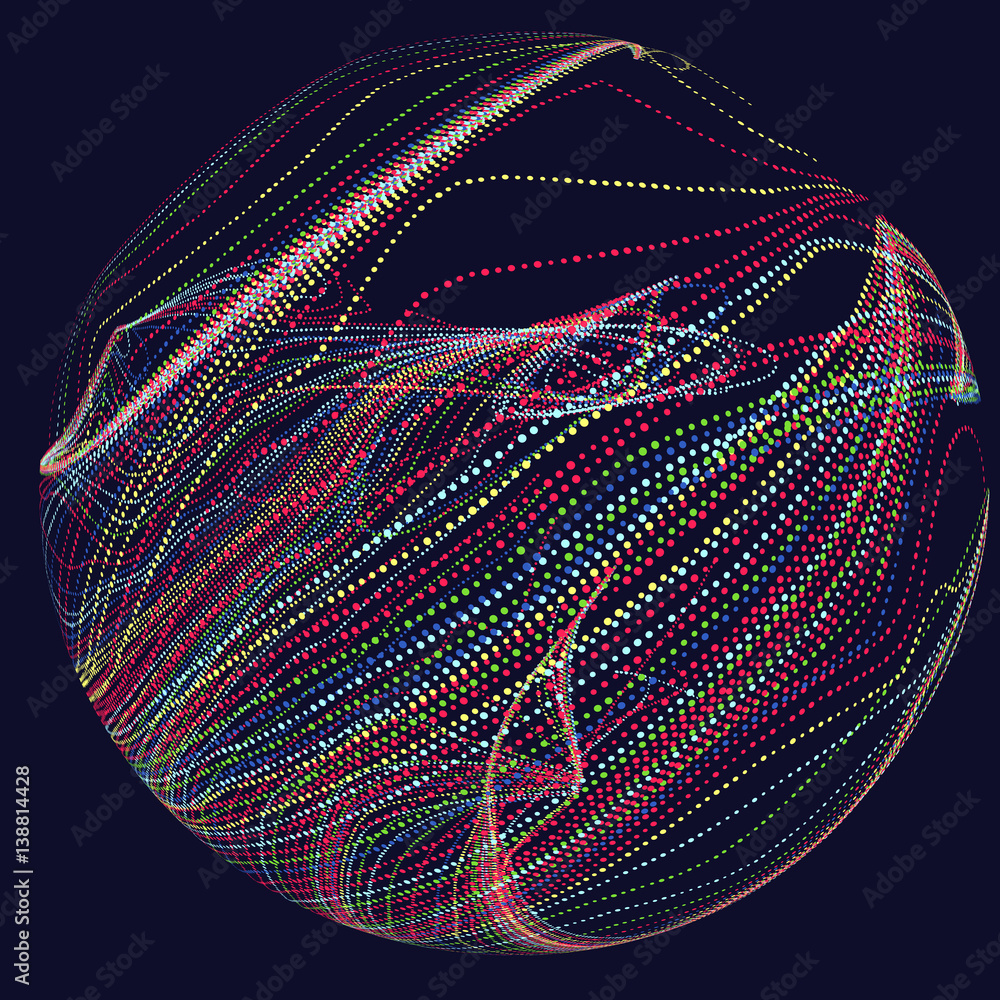 Poster three-dimensional sphere composed of multicolored curves, abstract graphics.