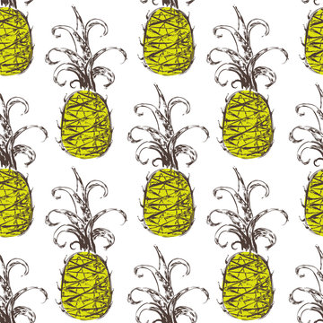 Seamless pattern with pineapples painted with watercolor grunge brushes. Vector illustration, sketch 