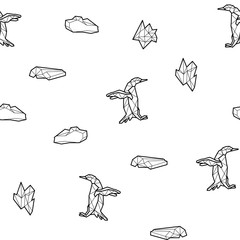 Seamless black and white kids tribal vector pattern with penguins and ice floes.