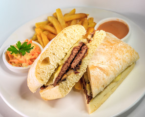 Beef sandwich with cheese, french fries, coleslaw and sauce