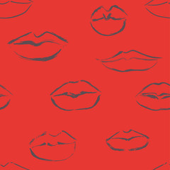 Seamless pattern with lips on red background. Vector illustration 