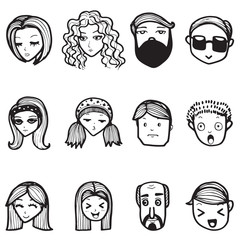Set of hand drawn outline doodle emoticons vector illustration, people face on white background