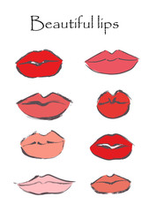 Set with red and pink lips on white background. Vector illustration 