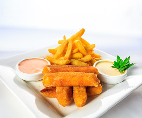 Cheese fingers with sweet sauce, mayonnaise and french fries