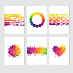Set of colorful cards with paint stains and splatters. Vector card templates with bright colors. 