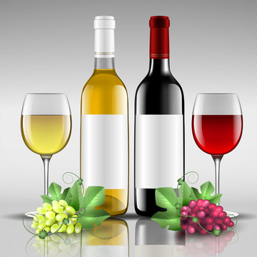 bottles of red and white wine with glass