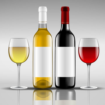 bottles of red and white wine with glass