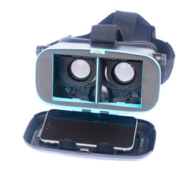 Virtual reality black glasses open one with a phone isolated on white background