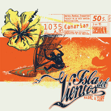 Windsurfer with ticket graphics and hibiscus