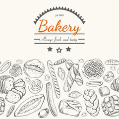 Horizontal seamless background with various bakery products