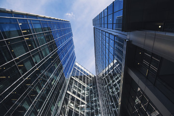 Modern glass buildings in a business area.
