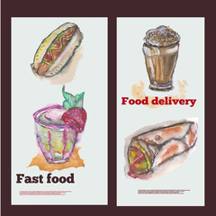 Food items for cafe -watercolor design in horizontal banner set isolated illustration