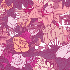 Vector seamless floral pattern with beautiful various flowers with leaves in pink tones on a white background. Wallpaper, background, wrapping paper. Color image. Vector illustration.