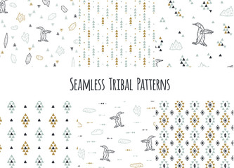 Set of navajo tribal patterns with low poly penguins.