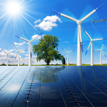 Solar Panels - Wind Turbines - Power Line - Solar and wind energy