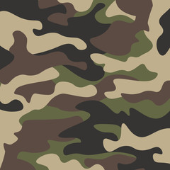 Camouflage pattern background. Classic clothing style masking camo repeat print. Green brown black olive colors forest texture. Design element. Vector illustration.