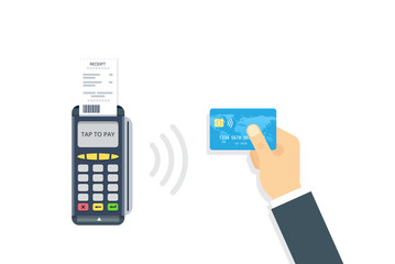 Pos terminal confirms contactless payment from credit card. NFC Payment vector illustration in flat style.