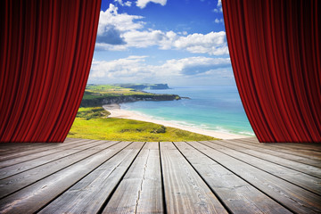 Open theater red curtains against Irish landscape - concept image