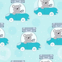 Fototapete Tiere im Transport nahtloses Muster mit süßem Teddybär in der Autovektorillustration