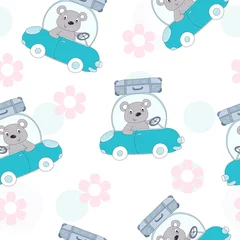 Naadloos Behang Airtex Dieren onderweg naadloos patroon met schattige teddybeer in de auto vectorillustratie