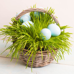 Blue Easter eggs in basket, grass on wooden background