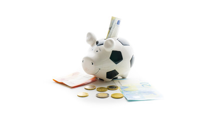  euro momey bills and coins in Piggybank isolated on white background. savings