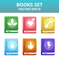Colorful vector books with gaming symbols. Assets set for game design and web application.