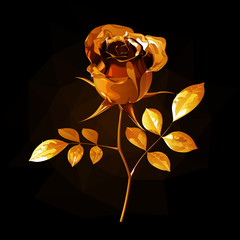 Золотая роза с полураскрытыми лепестками и листьями, на коротком стебле, на черном фоне с подсветкой и бликами