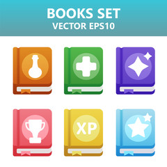 Colorful vector books with gaming symbols. Assets set for game design and web application.