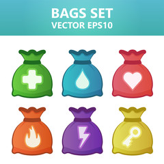 Colorful vector illustration bags with gaming symbols.Assets set for game design and web application.