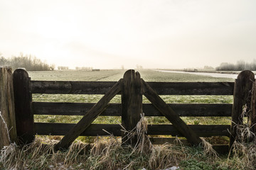 Fence in frozen polder landscape in The Netherlands