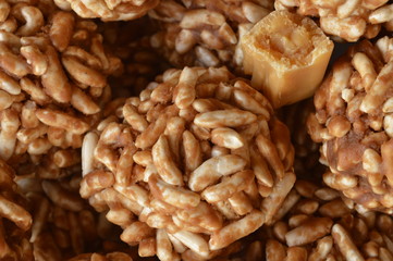 Homemade expanded rice cookies with sweet candy fudge.