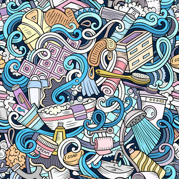 Cartoon cute doodles Bathroom seamless pattern © balabolka